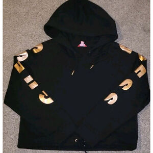 GUESS Black Crop Long Sleeve Hoodie Gold Sleve Letters Size XL Pre-owned